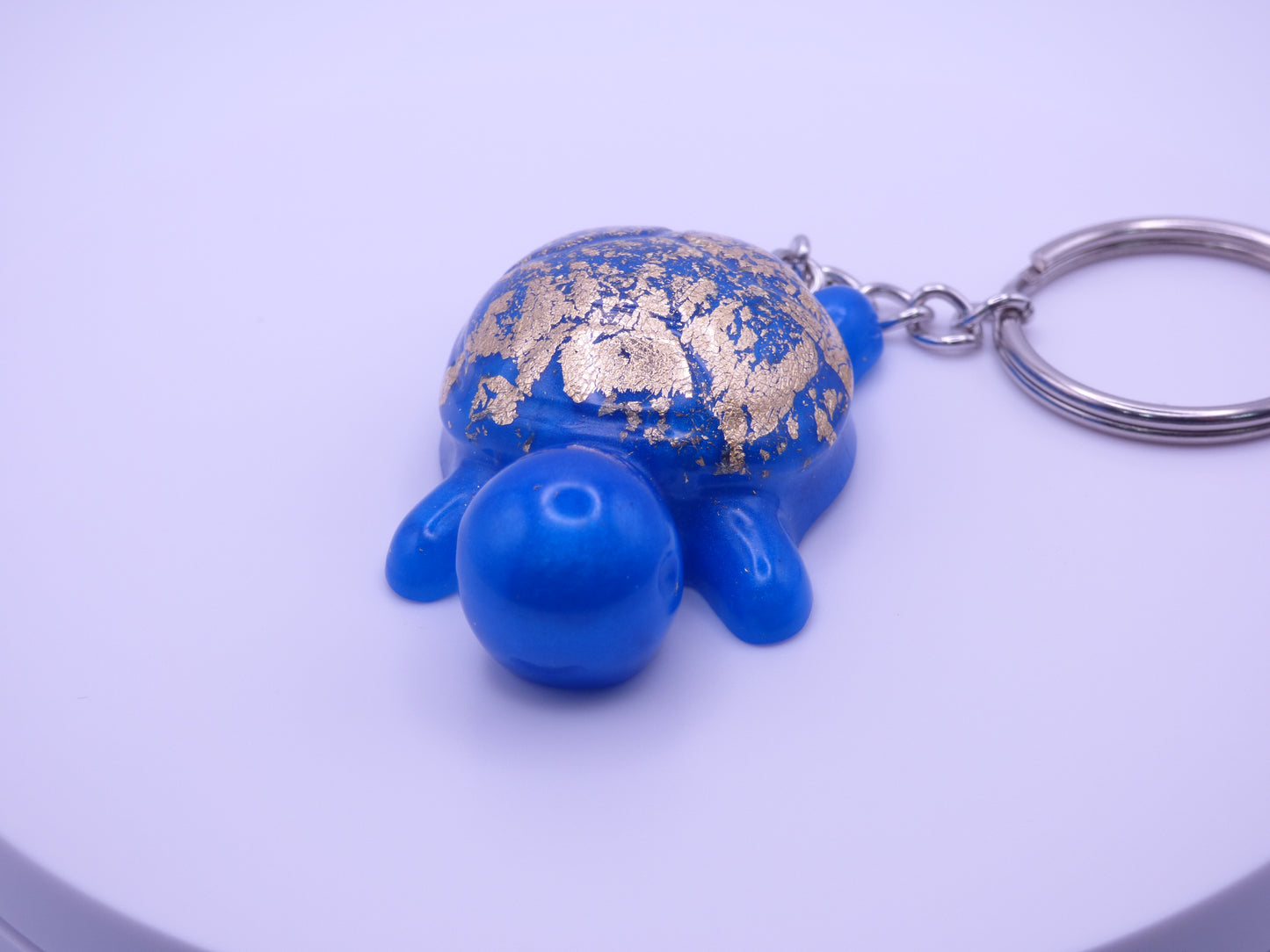 Handmade Resin Mini Turtle Keychain Blue with Gold Tone Metal Leaf