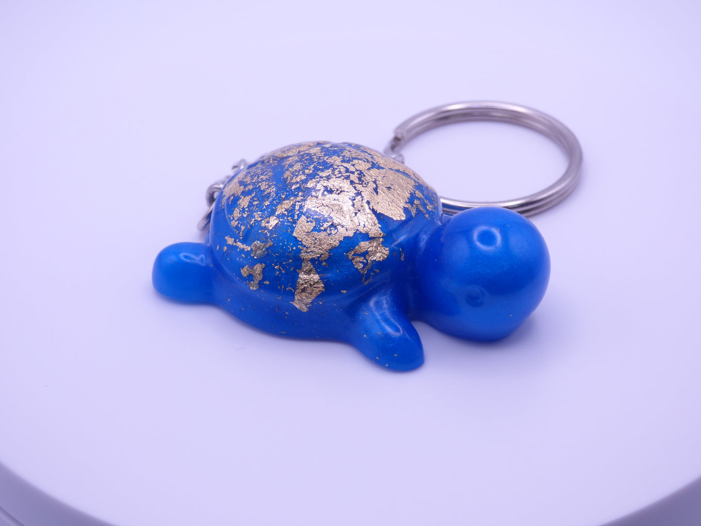 Handmade Resin Mini Turtle Keychain Blue with Gold Tone Metal Leaf