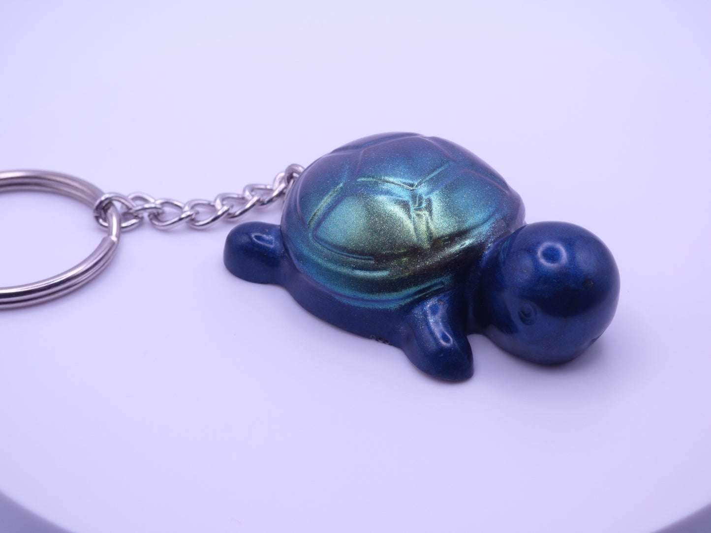 Handmade Resin Mini Turtle Keychain Navy Blue with Green Color shift Shell