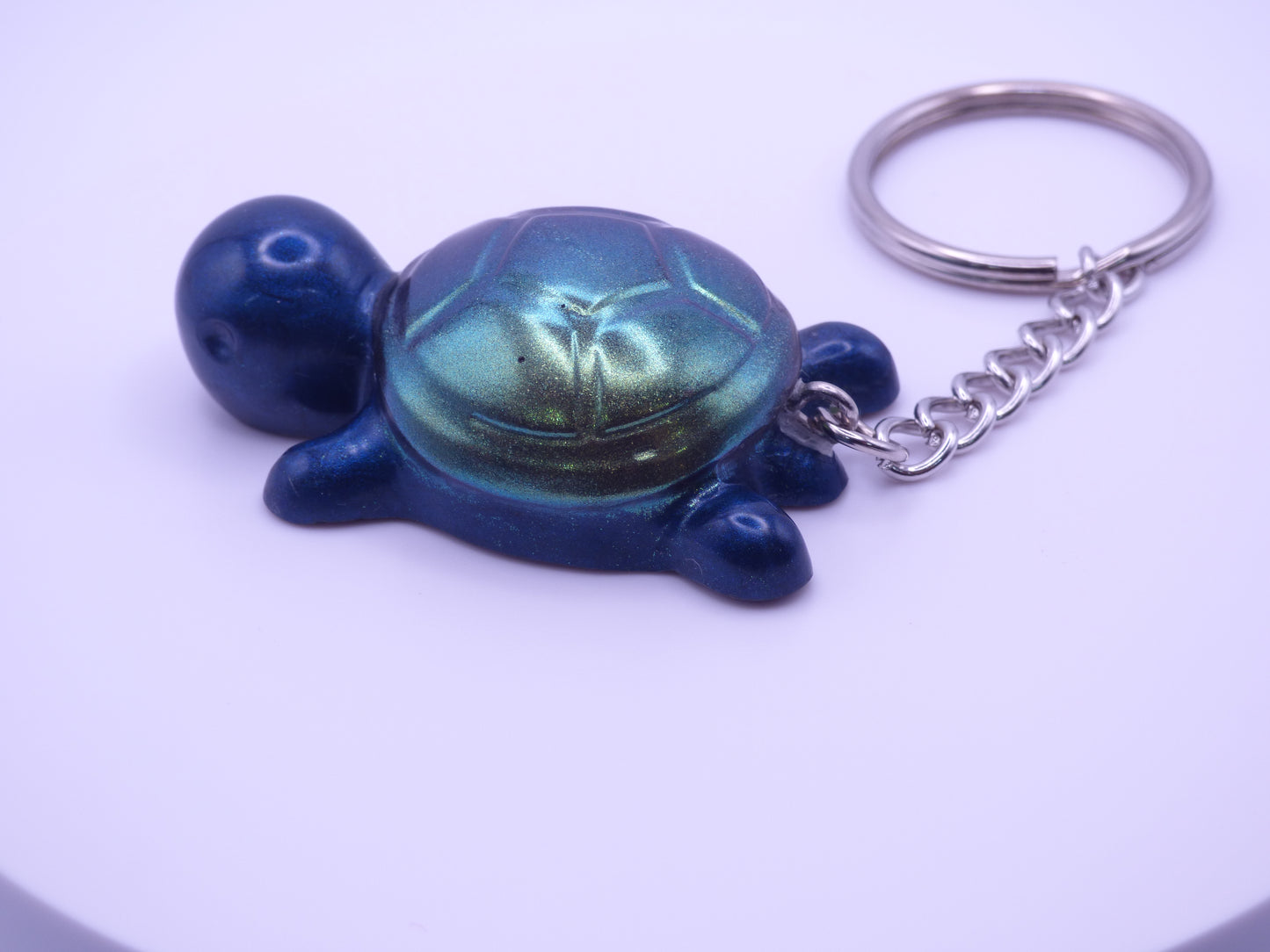 Handmade Resin Mini Turtle Keychain Navy Blue with Green Color shift Shell