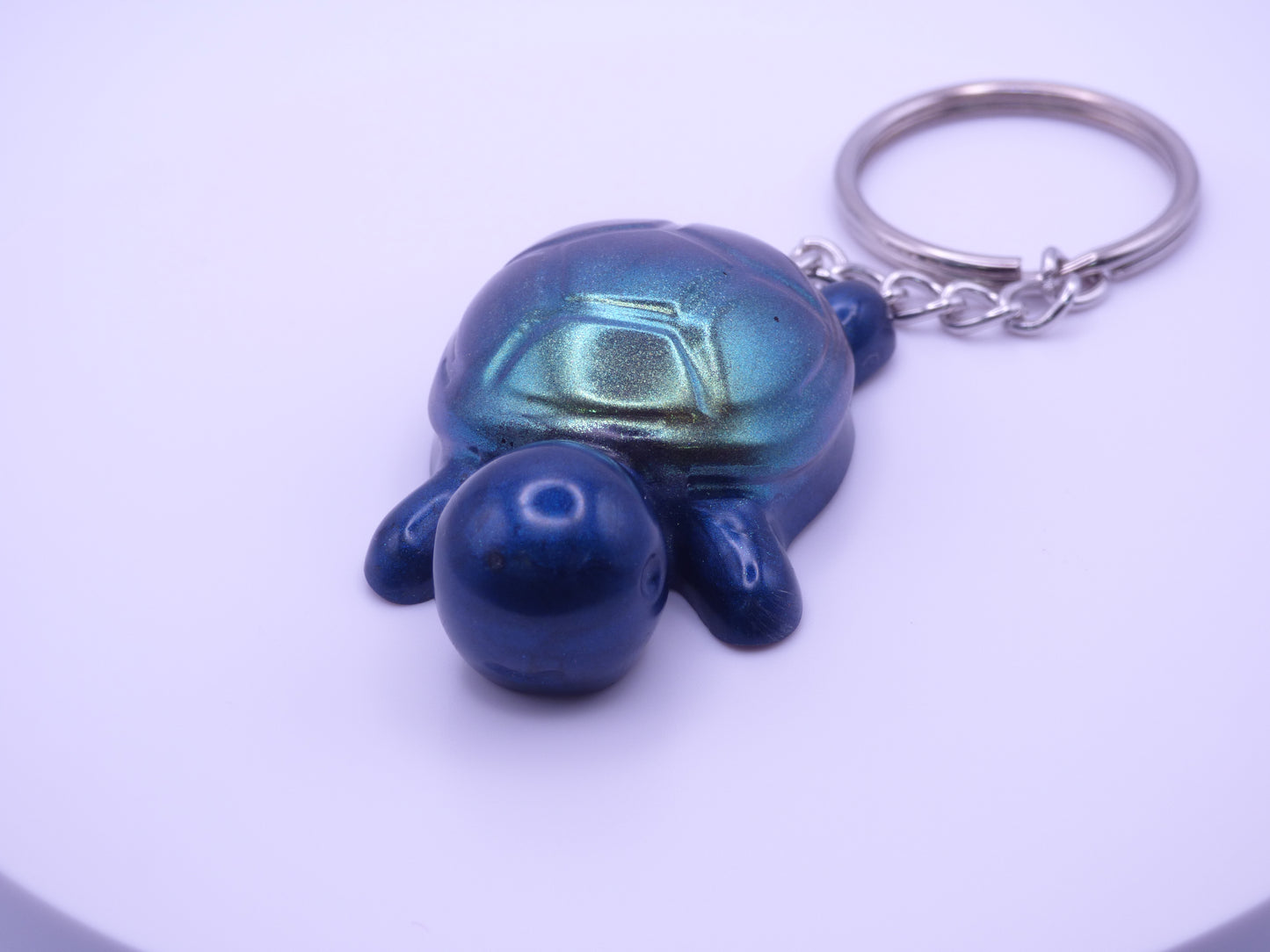 Handmade Resin Mini Turtle Keychain Navy Blue with Green Color shift Shell