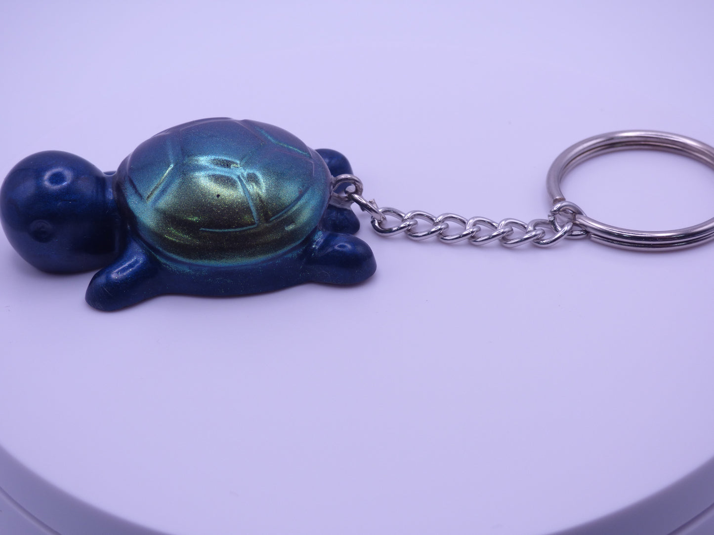 Handmade Resin Mini Turtle Keychain Navy Blue with Green Color shift Shell