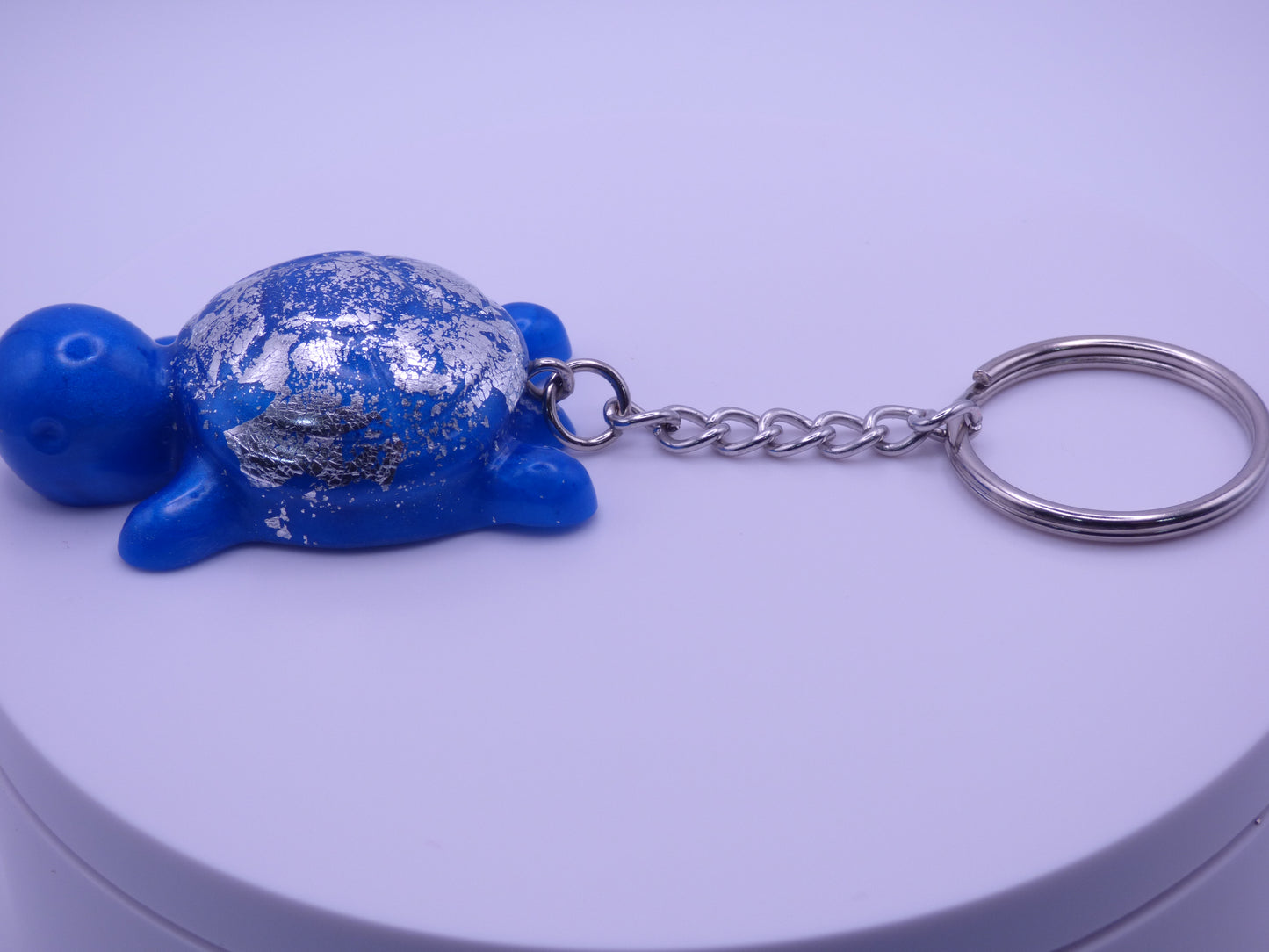 Handmade Resin Mini Turtle Keychain Blue with Silver Tone Metal Leaf