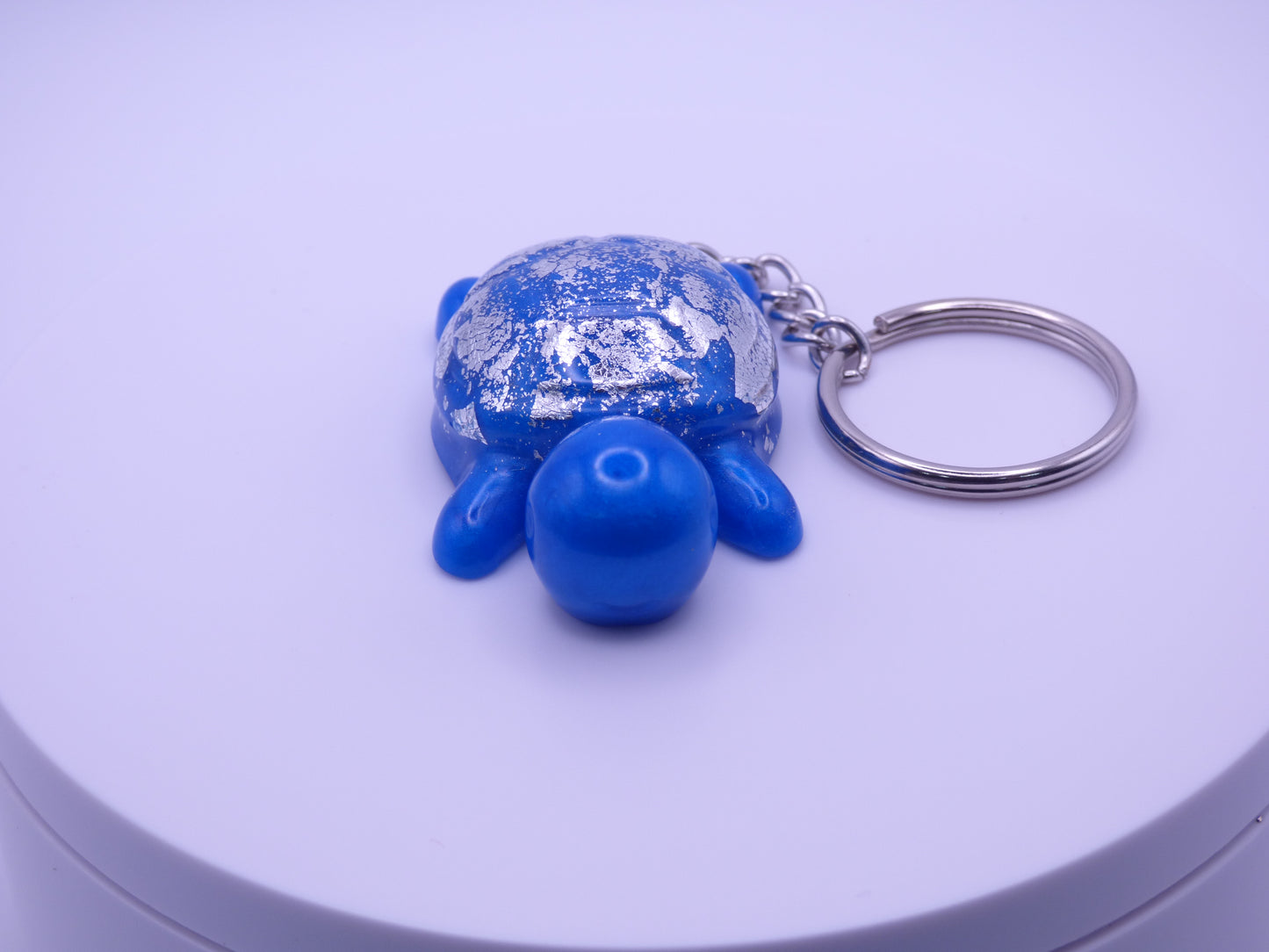 Handmade Resin Mini Turtle Keychain Blue with Silver Tone Metal Leaf