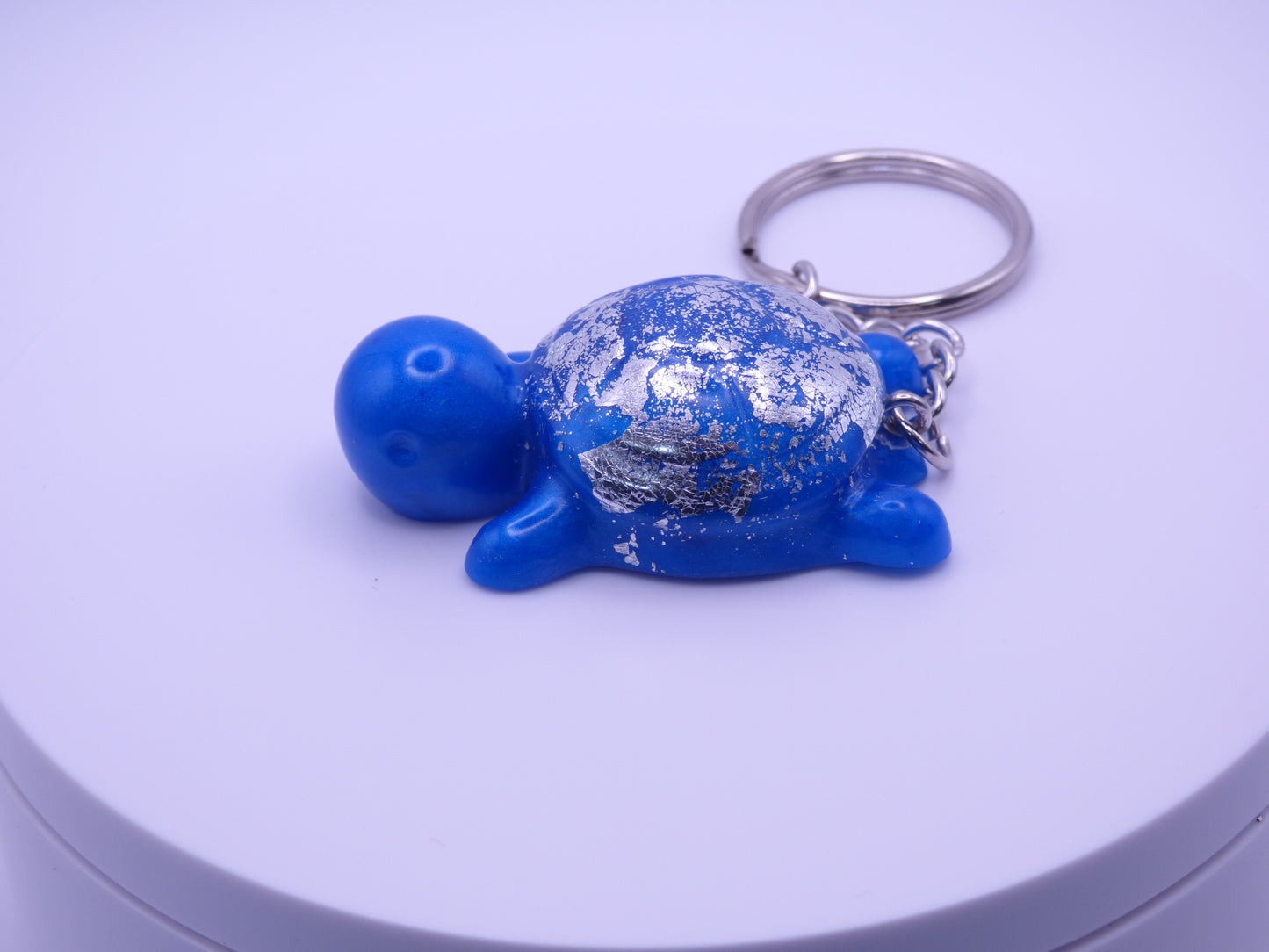 Handmade Resin Mini Turtle Keychain Blue with Silver Tone Metal Leaf