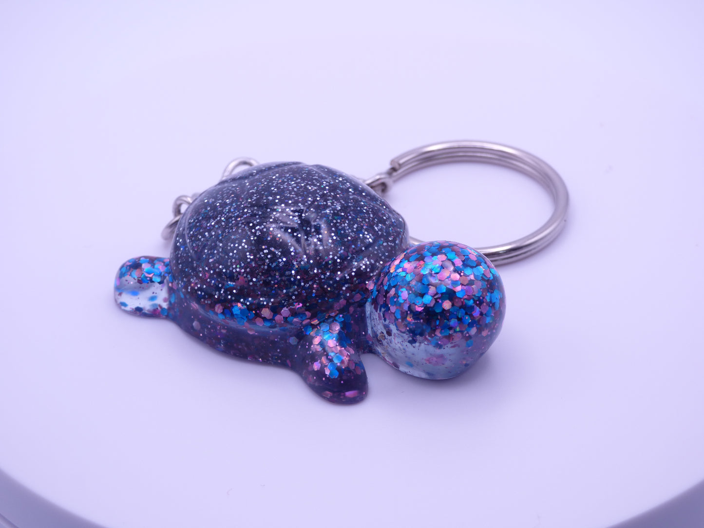 Handmade Resin Mini Turtle Keychain Multi-color Glitter with Silver Holo Glitter Shell