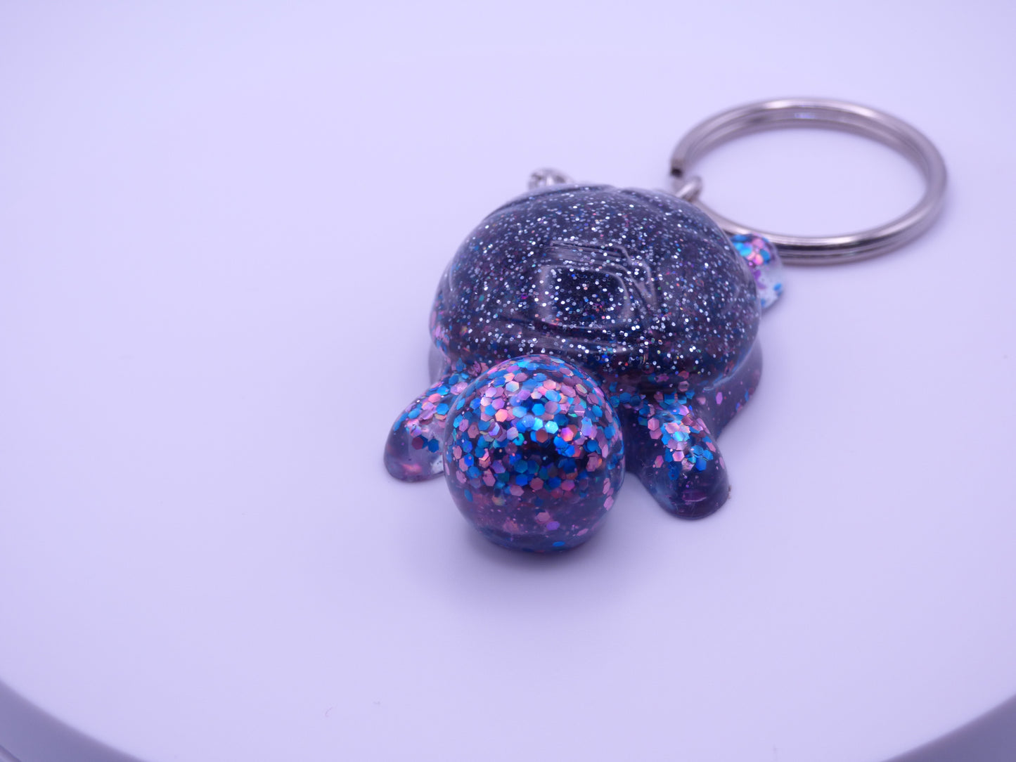 Handmade Resin Mini Turtle Keychain Multi-color Glitter with Silver Holo Glitter Shell