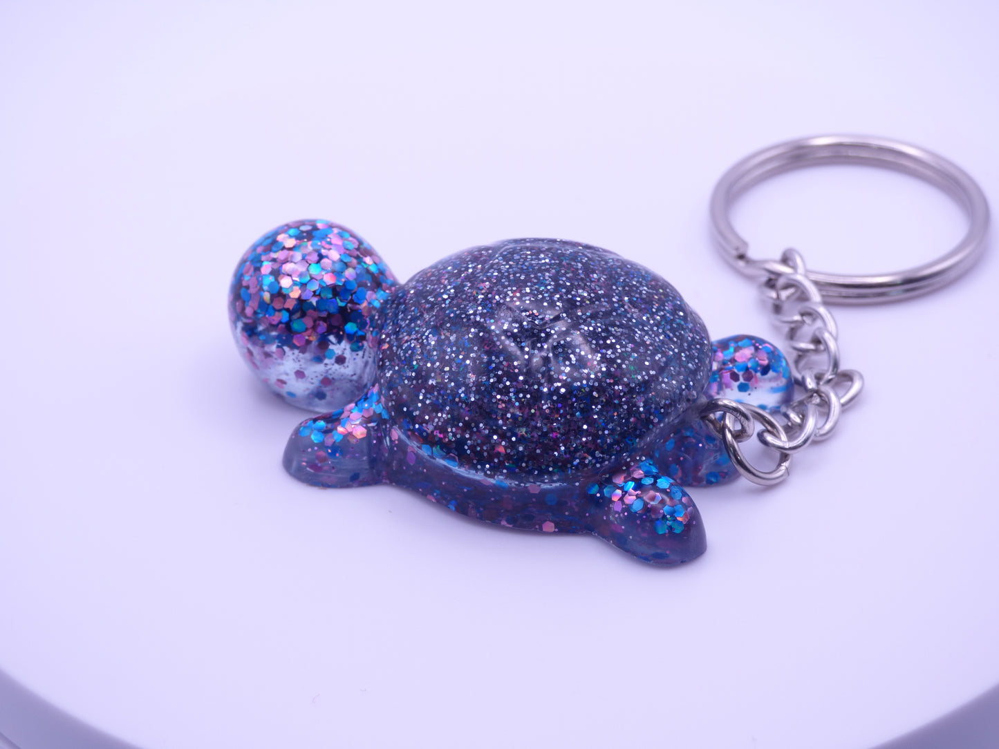 Handmade Resin Mini Turtle Keychain Multi-color Glitter with Silver Holo Glitter Shell