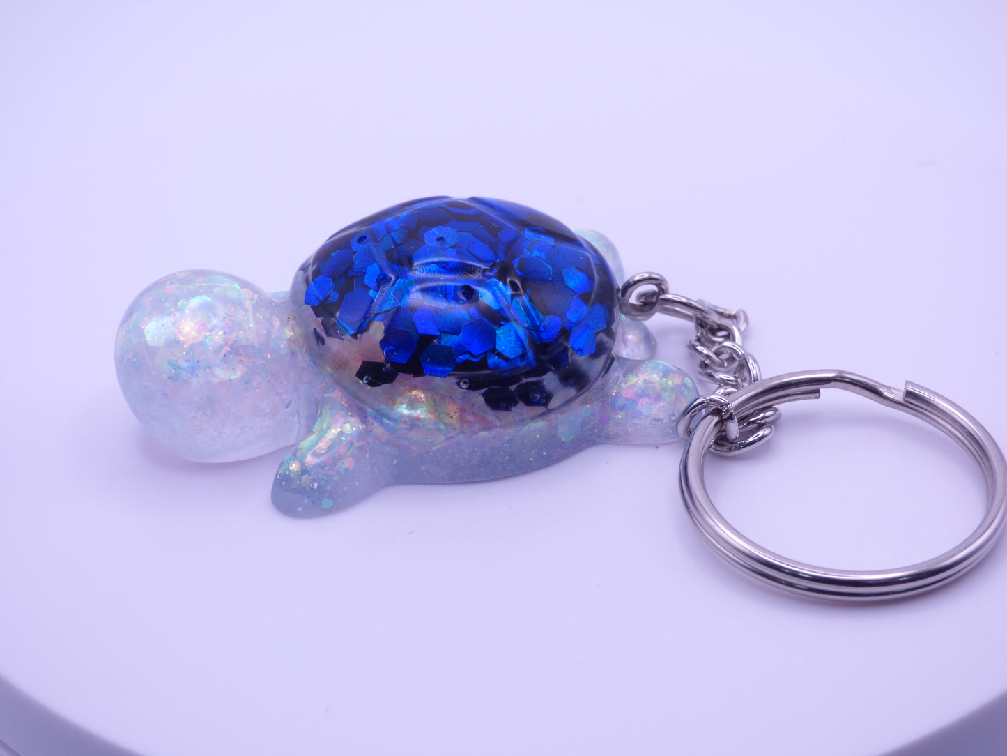 Handmade Resin Mini Turtle Keychain Iridescent White Chunky Glitter & Blue Chunky Glitter Shell