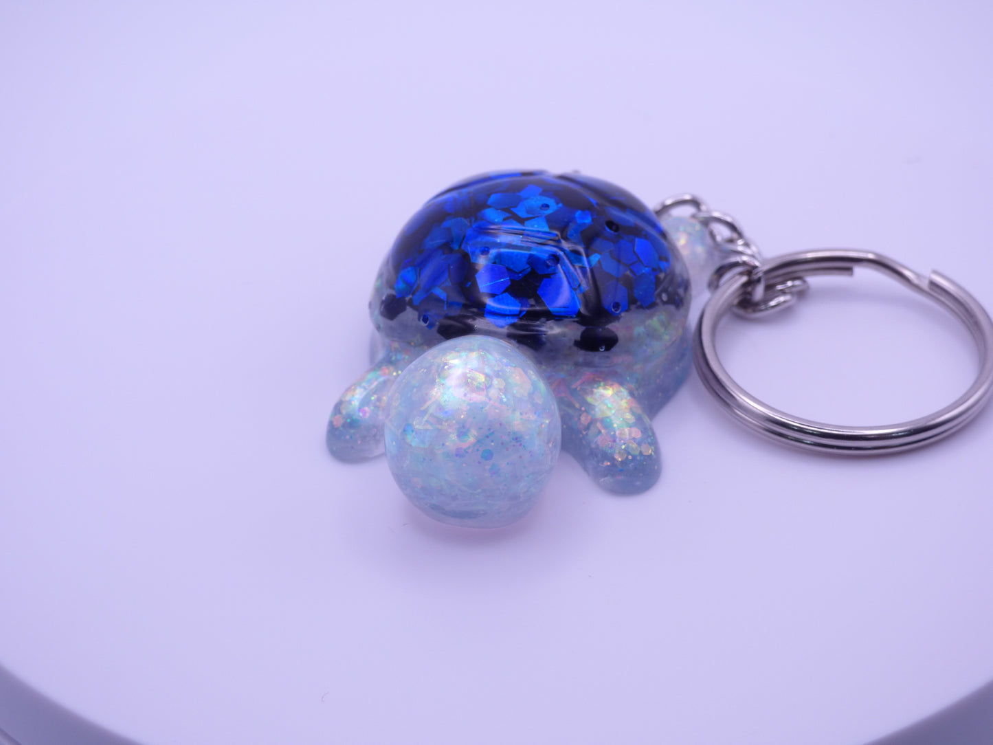 Handmade Resin Mini Turtle Keychain Iridescent White Chunky Glitter & Blue Chunky Glitter Shell