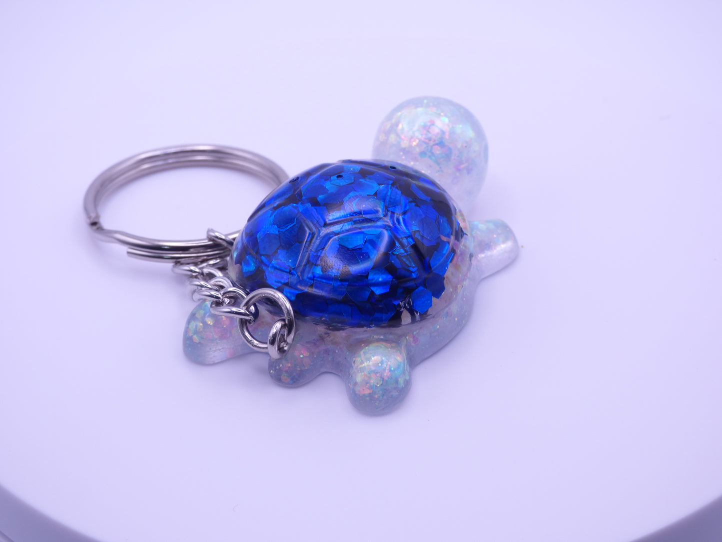 Handmade Resin Mini Turtle Keychain Iridescent White Chunky Glitter & Blue Chunky Glitter Shell