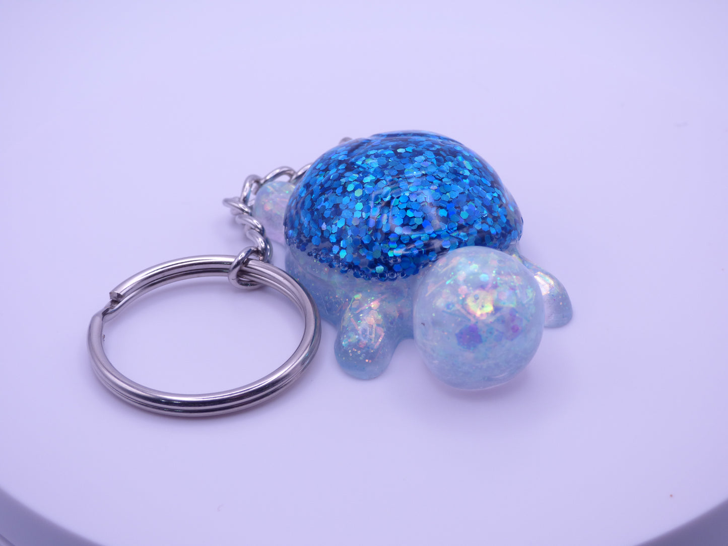Handmade Resin Mini Turtle Keychain Iridescent White Chunky Glitter with Blue Holo Glitter Shell