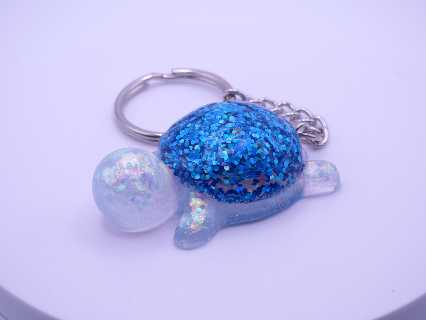 Handmade Resin Mini Turtle Keychain Iridescent White Chunky Glitter with Blue Holo Glitter Shell