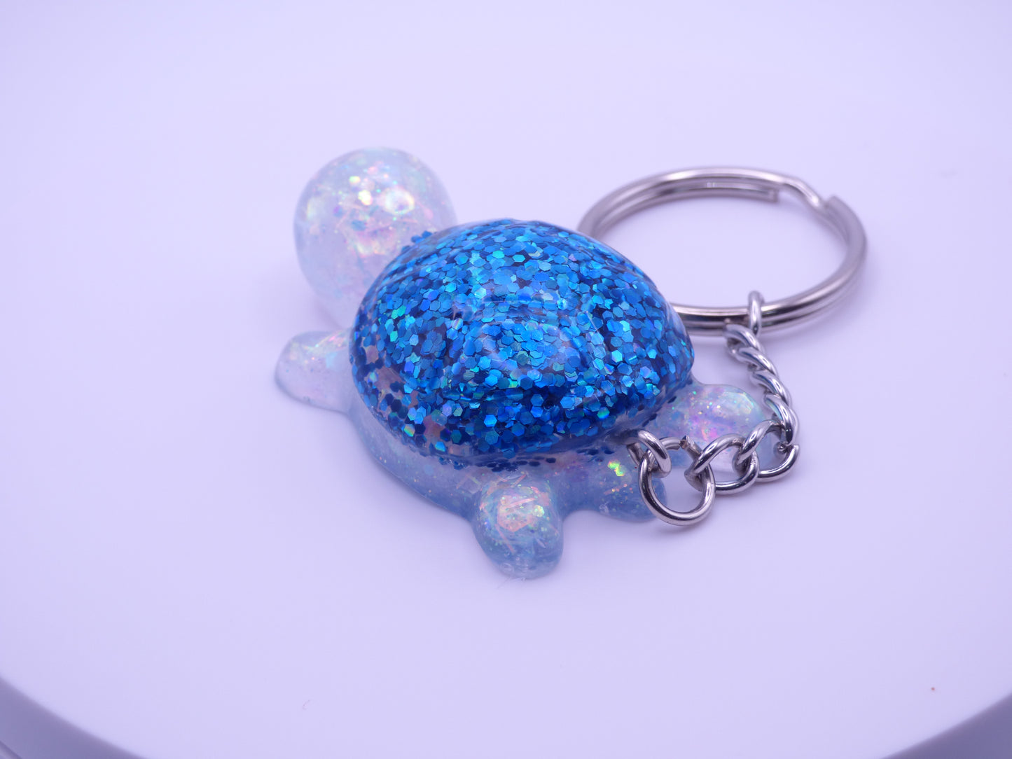 Handmade Resin Mini Turtle Keychain Iridescent White Chunky Glitter with Blue Holo Glitter Shell