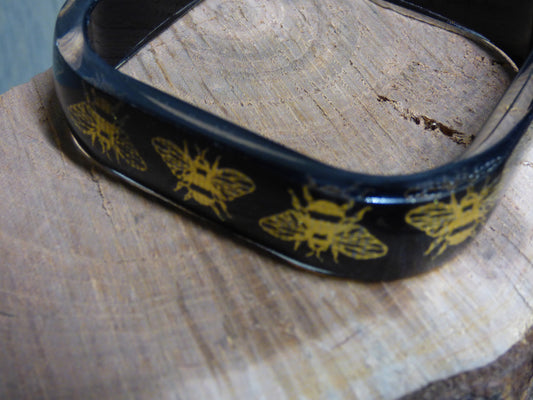 Handmade Square Gold Bee Ribbon and Resin Bangle Bracelet