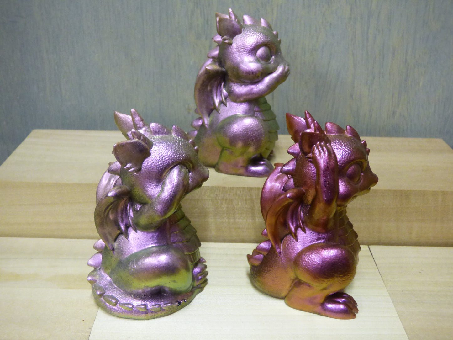 See No, Speak No, Hear No Evil Resin Baby Dragons Set Hand Poured From Epoxy Resin And Colored With Chameleon Mica Powders