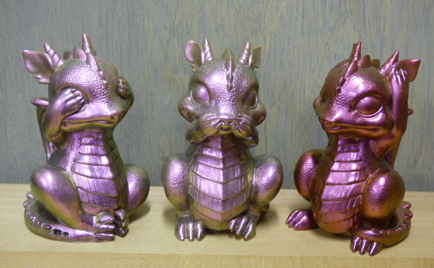 See No, Speak No, Hear No Evil Resin Baby Dragons Set Hand Poured From Epoxy Resin And Colored With Chameleon Mica Powders