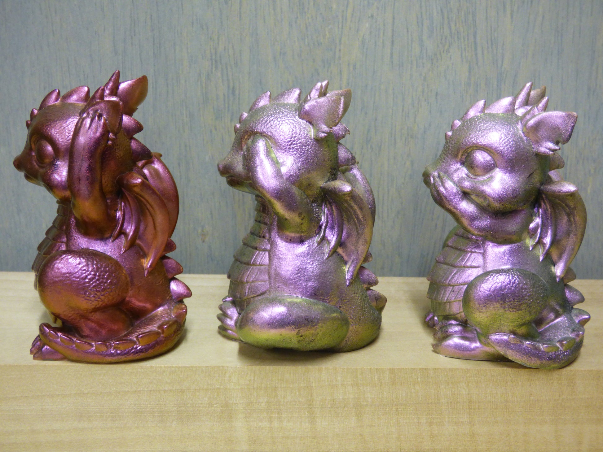 See No, Speak No, Hear No Evil Resin Baby Dragons Set Hand Poured From Epoxy Resin And Colored With Chameleon Mica Powders