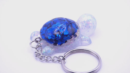Handmade Resin Mini Turtle Keychain Iridescent White Chunky Glitter & Blue Chunky Glitter Shell