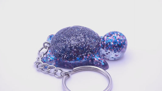 Handmade Resin Mini Turtle Keychain Multi-color Glitter with Silver Holo Glitter Shell