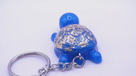 Handmade Resin Mini Turtle Keychain Blue with Gold Tone Metal Leaf
