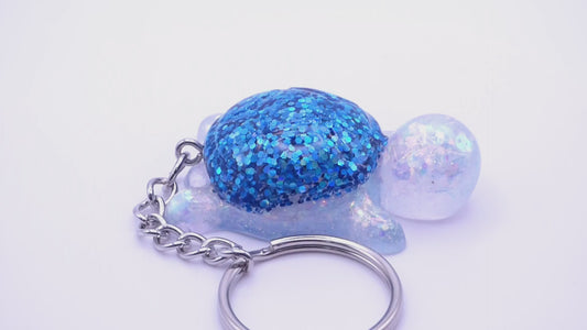 Handmade Resin Mini Turtle Keychain Iridescent White Chunky Glitter with Blue Holo Glitter Shell