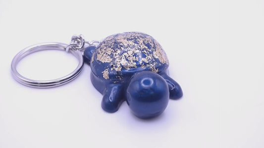 Handmade Resin Mini Turtle Keychain Navy Blue with Gold Tone Metal Leaf