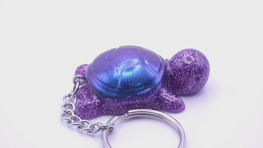 Handmade Resin Mini Turtle Keychain Purple Glitter with Blue-Purple Color Shift Shell