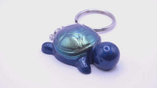 Handmade Resin Mini Turtle Keychain Navy Blue with Green Color shift Shell